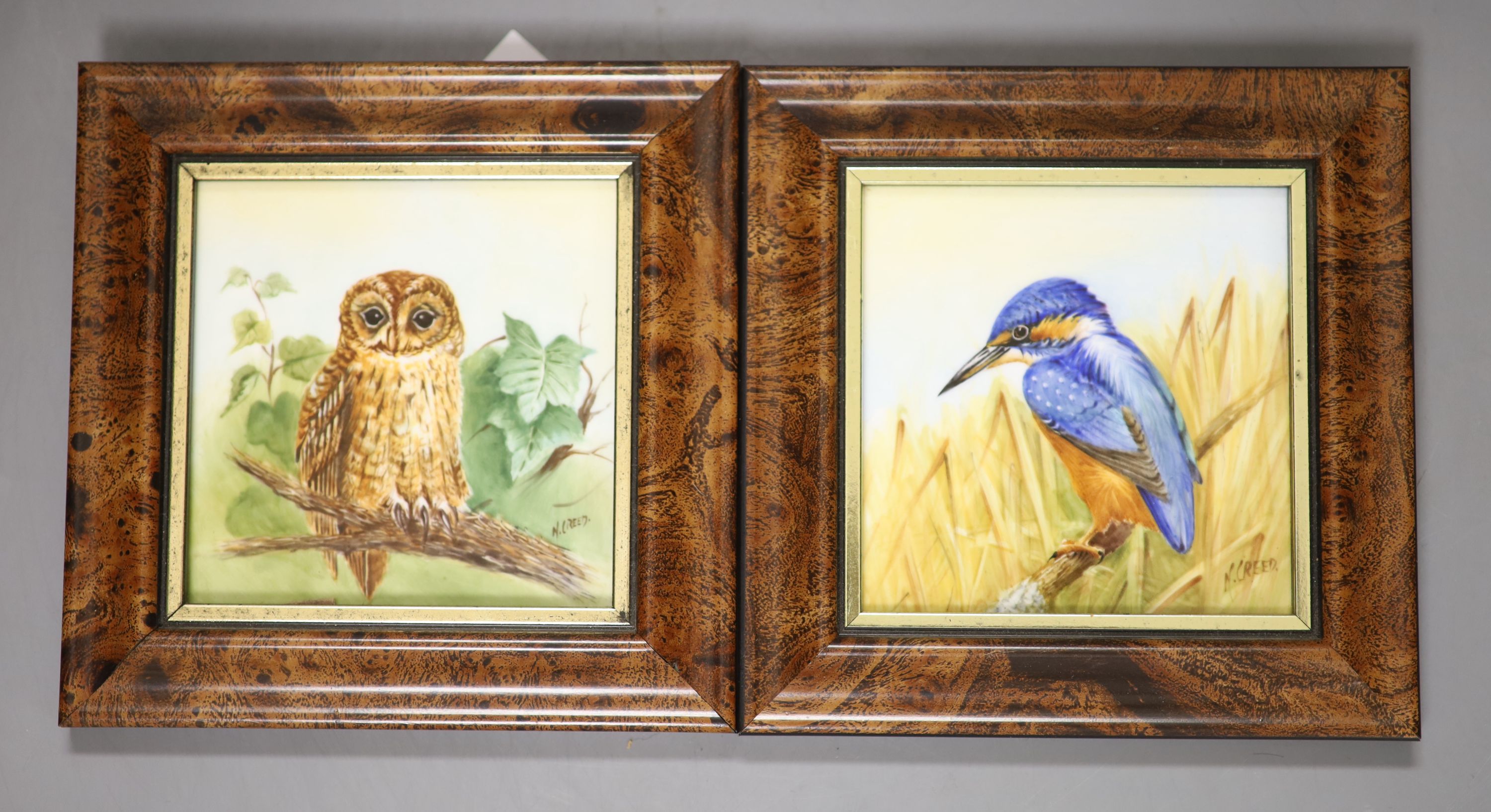 Two plaques, painted with an owl and a kingfisher by ex-Royal Worcester artist N. Creed, signed, 9 x 9.5cm